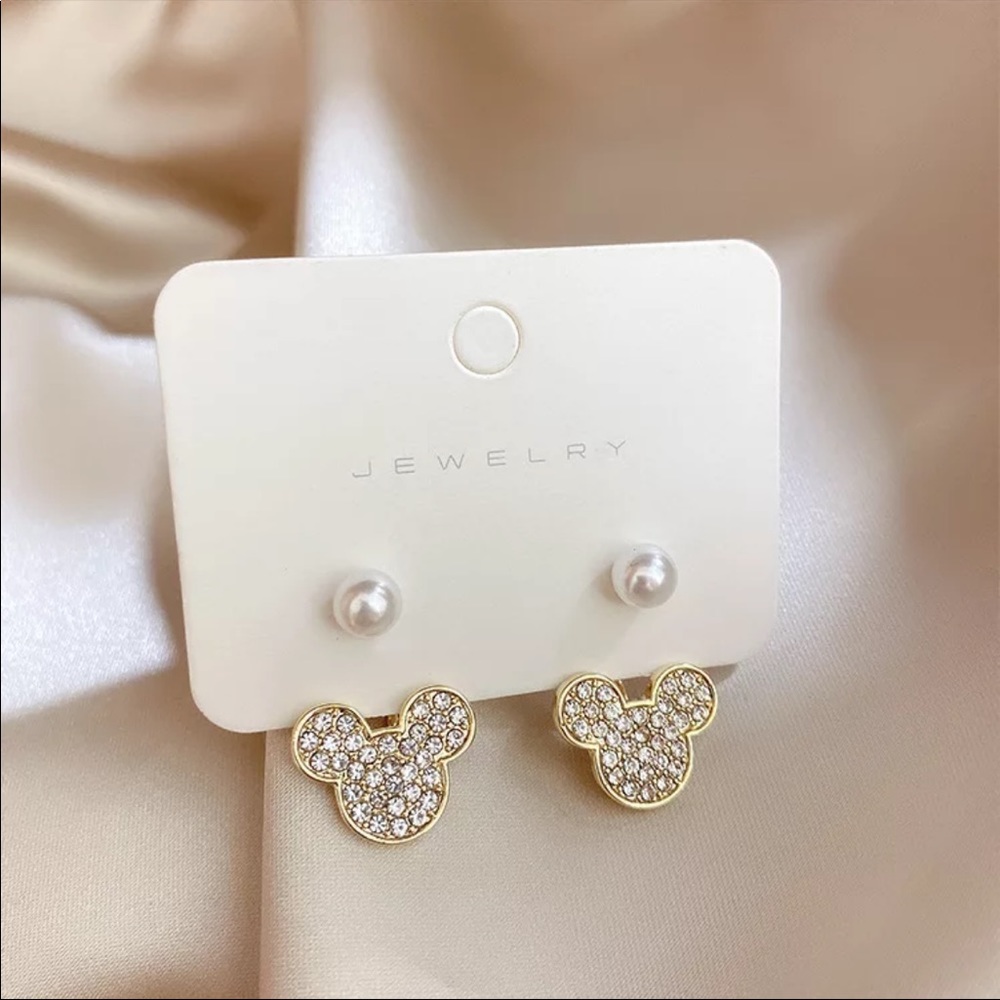 PEARL MICKEY  Crystal Sparkling Earrings With Gift Box - Picture 2 of 7